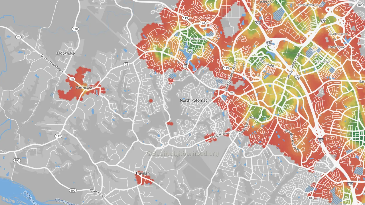 Walk Grade map of North Potomac, MD, walkable areas in green and car-dependent areas in red