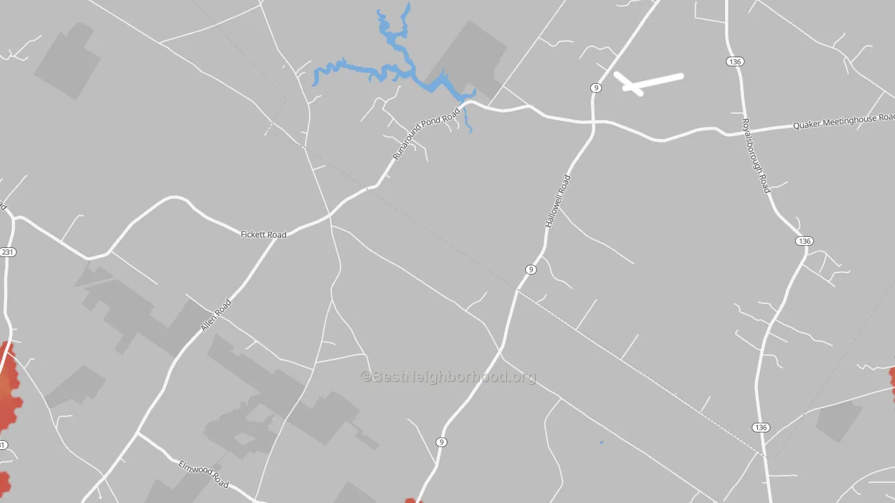 Walk Grade map of North Pownal, ME, walkable areas in green and car-dependent areas in red