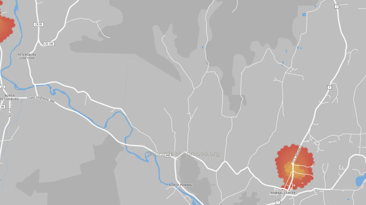 Walk Grade map of North Pownal, VT, walkable areas in green and car-dependent areas in red