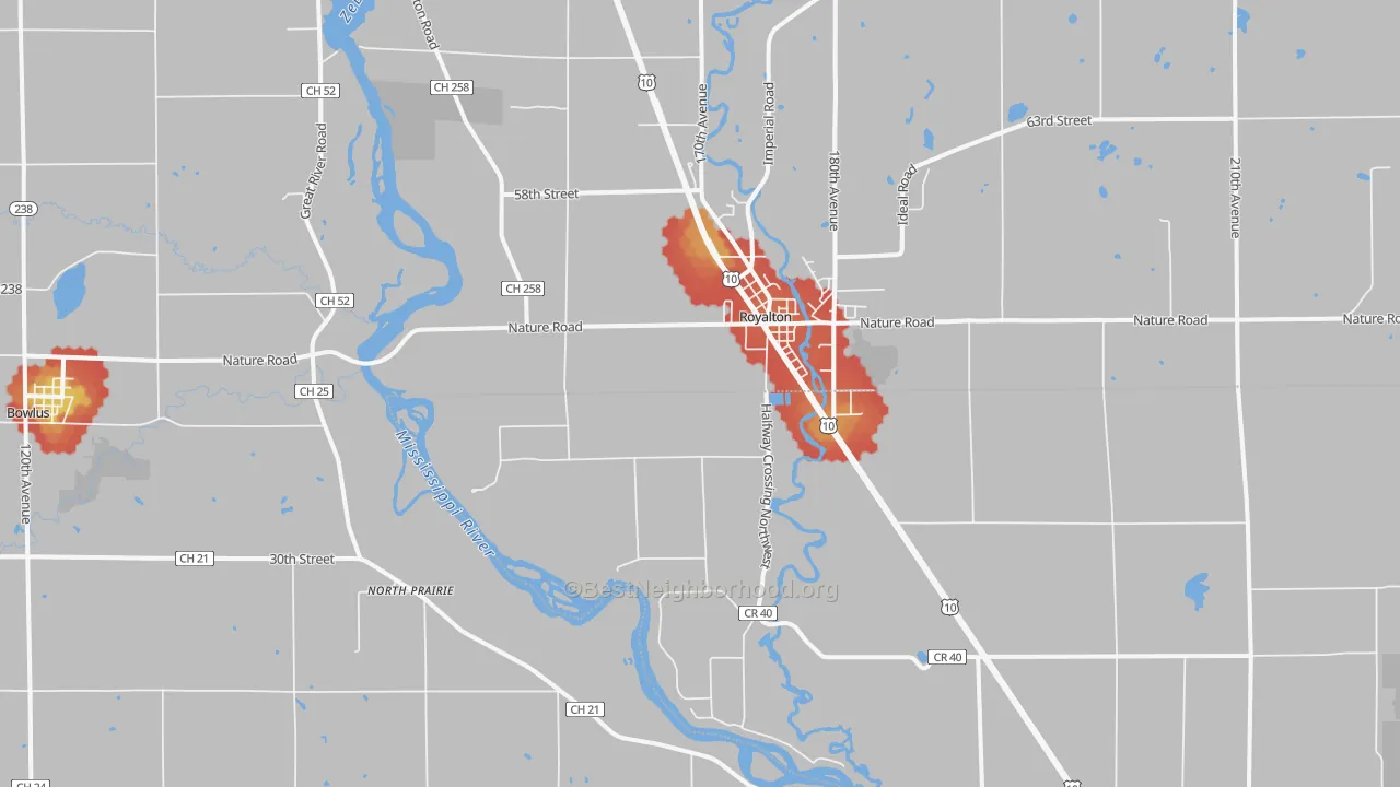 Walk Grade map of North Prairie, MN, walkable areas in green and car-dependent areas in red