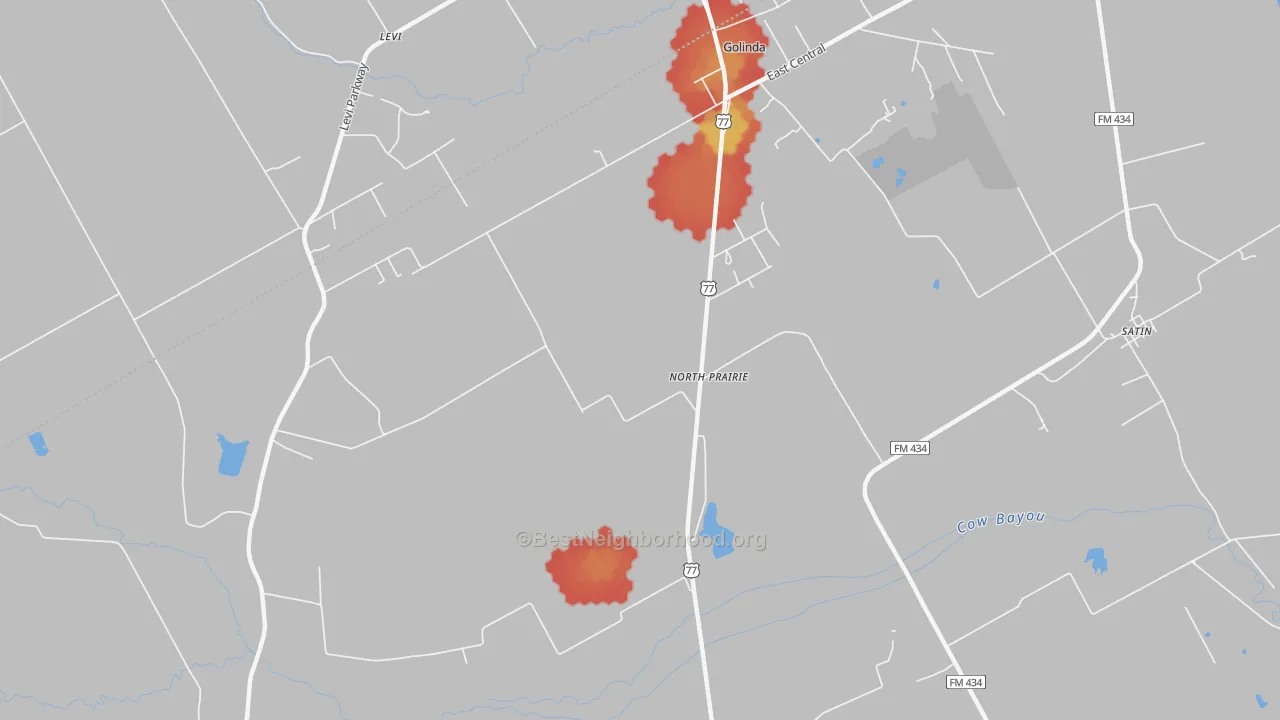 Walk Grade map of North Prairie, TX, walkable areas in green and car-dependent areas in red