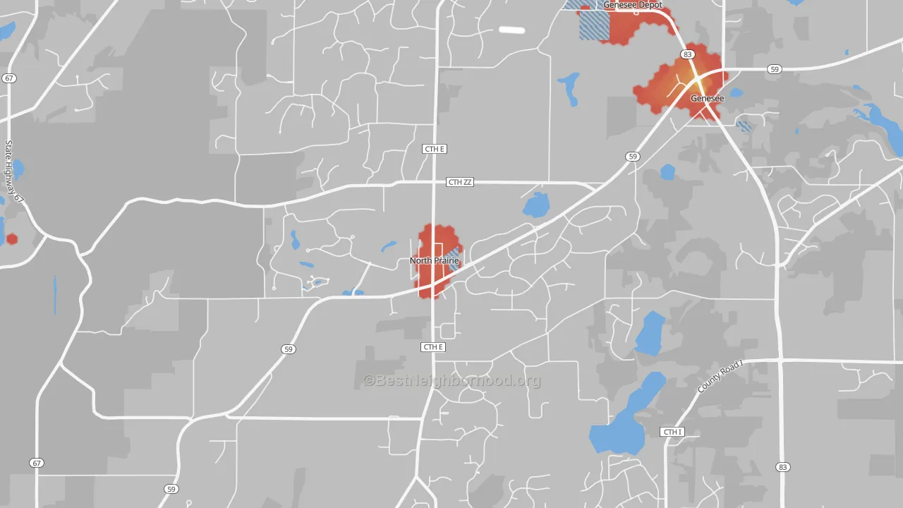 Walk Grade map of North Prairie, WI, walkable areas in green and car-dependent areas in red