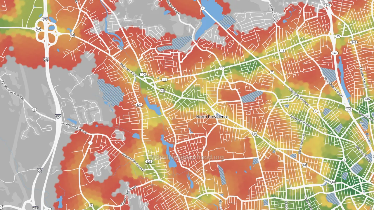 Walk Grade map of North Providence, RI, walkable areas in green and car-dependent areas in red