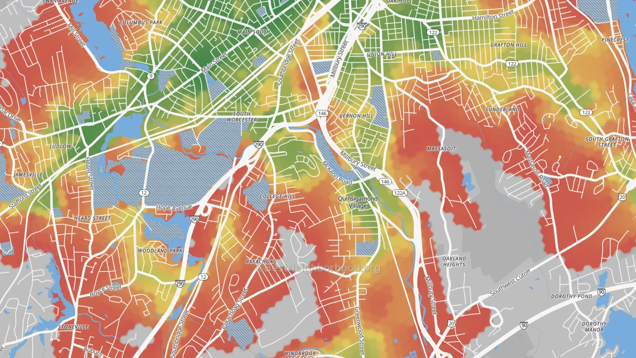 Walk Grade map of North Quinsigamond Village, Worcester, MA, walkable areas in green and car-dependent areas in red
