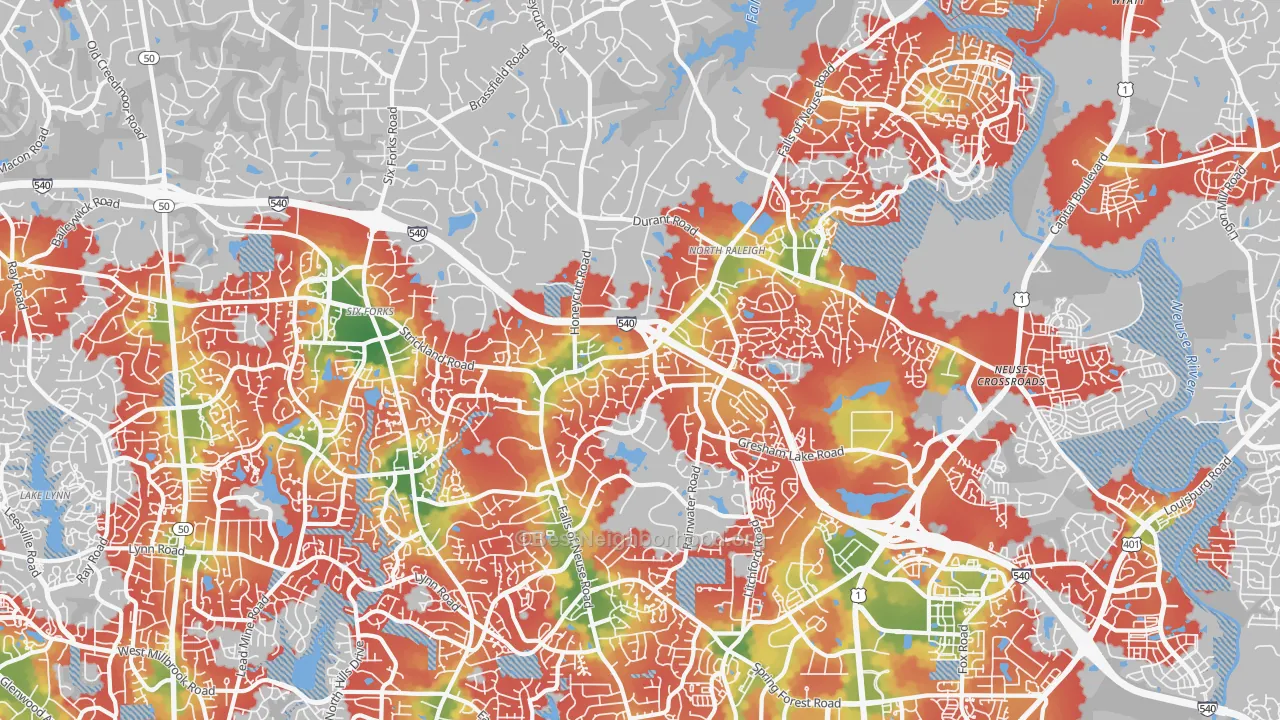 Walk Grade map of North, Raleigh, NC, walkable areas in green and car-dependent areas in red