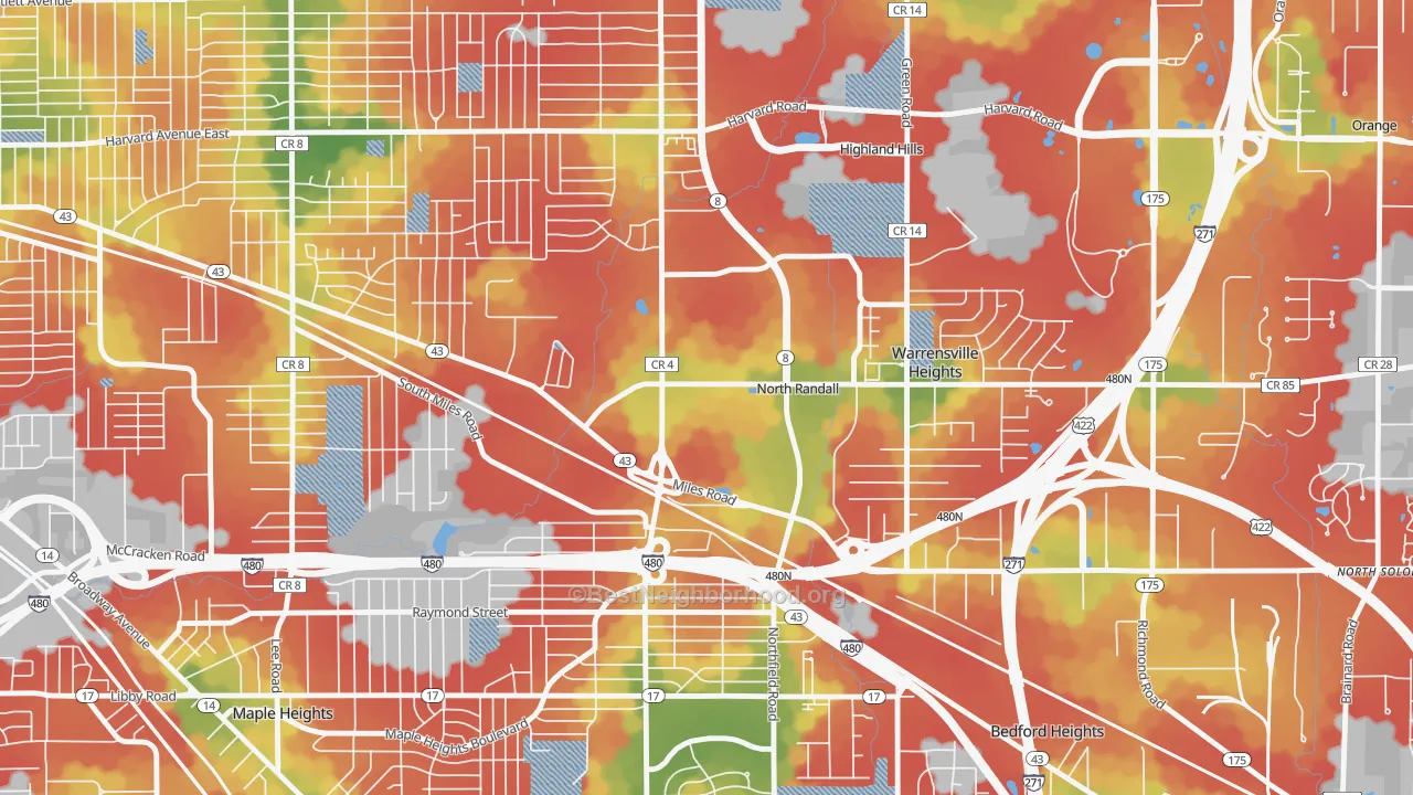 Walk Grade map of North Randall, OH, walkable areas in green and car-dependent areas in red
