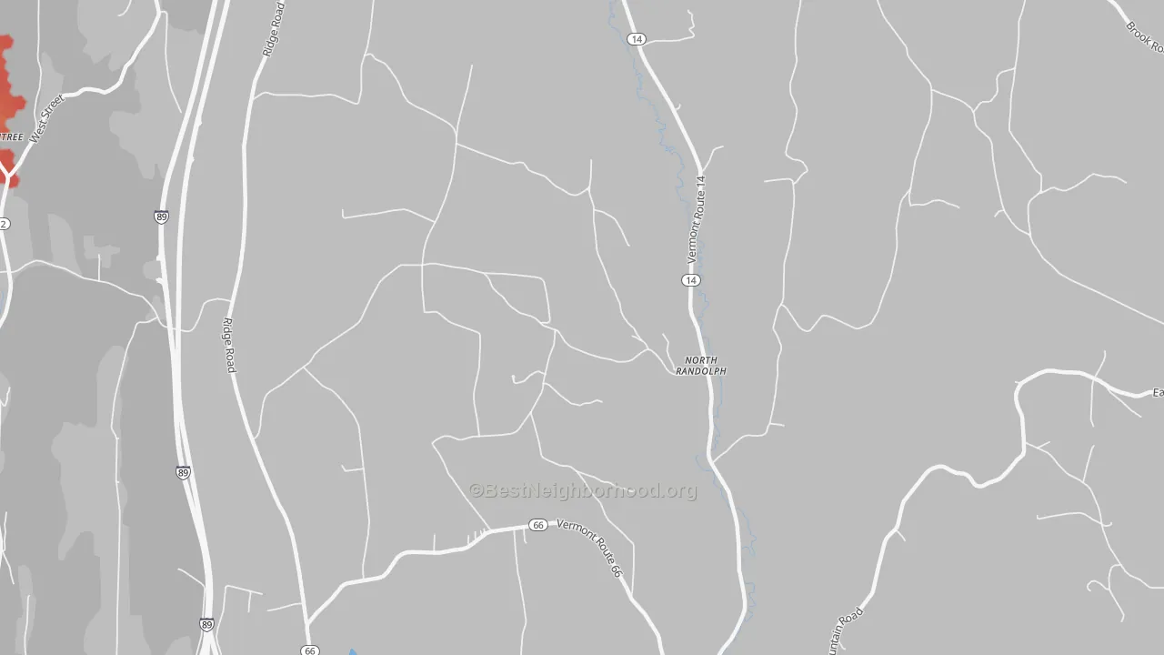Walk Grade map of North Randolph, VT, walkable areas in green and car-dependent areas in red