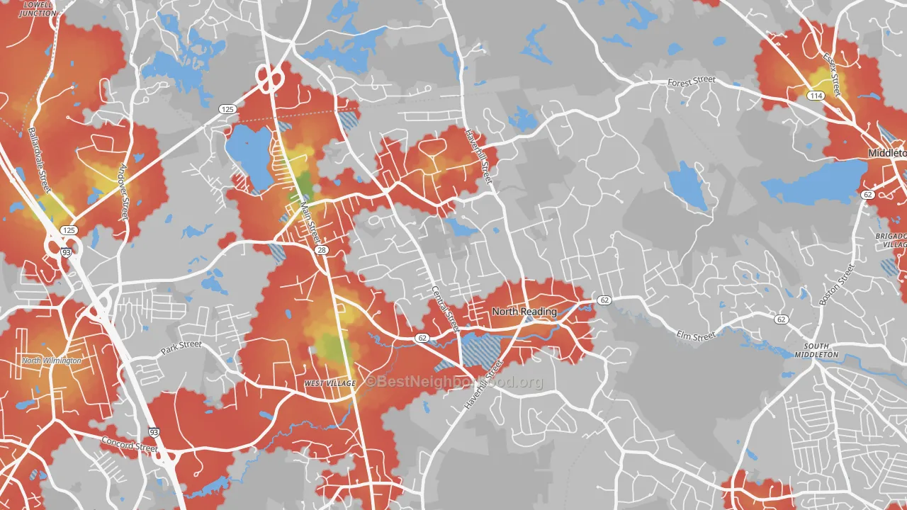 Walk Grade map of North Reading, MA, walkable areas in green and car-dependent areas in red