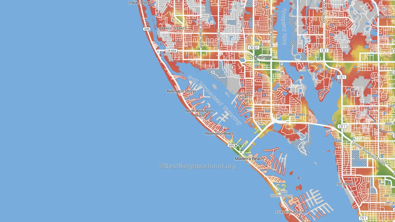 Walk Grade map of North Redington Beach, FL, walkable areas in green and car-dependent areas in red