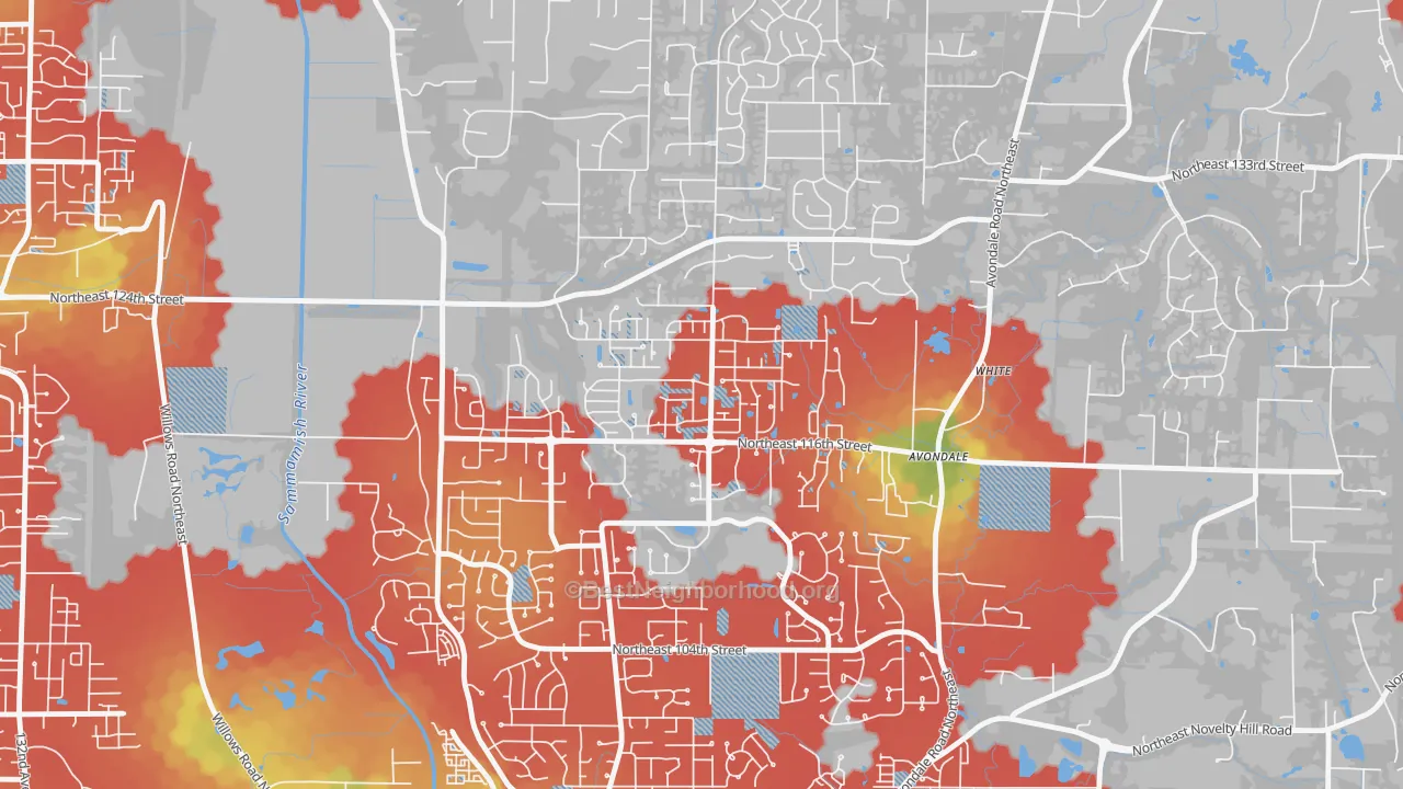 Walk Grade map of North Redmond, Redmond, WA, walkable areas in green and car-dependent areas in red