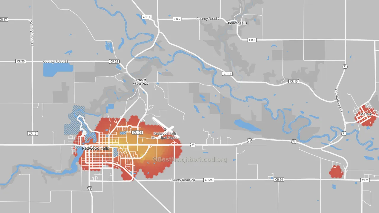 Walk Grade map of North Redwood, MN, walkable areas in green and car-dependent areas in red