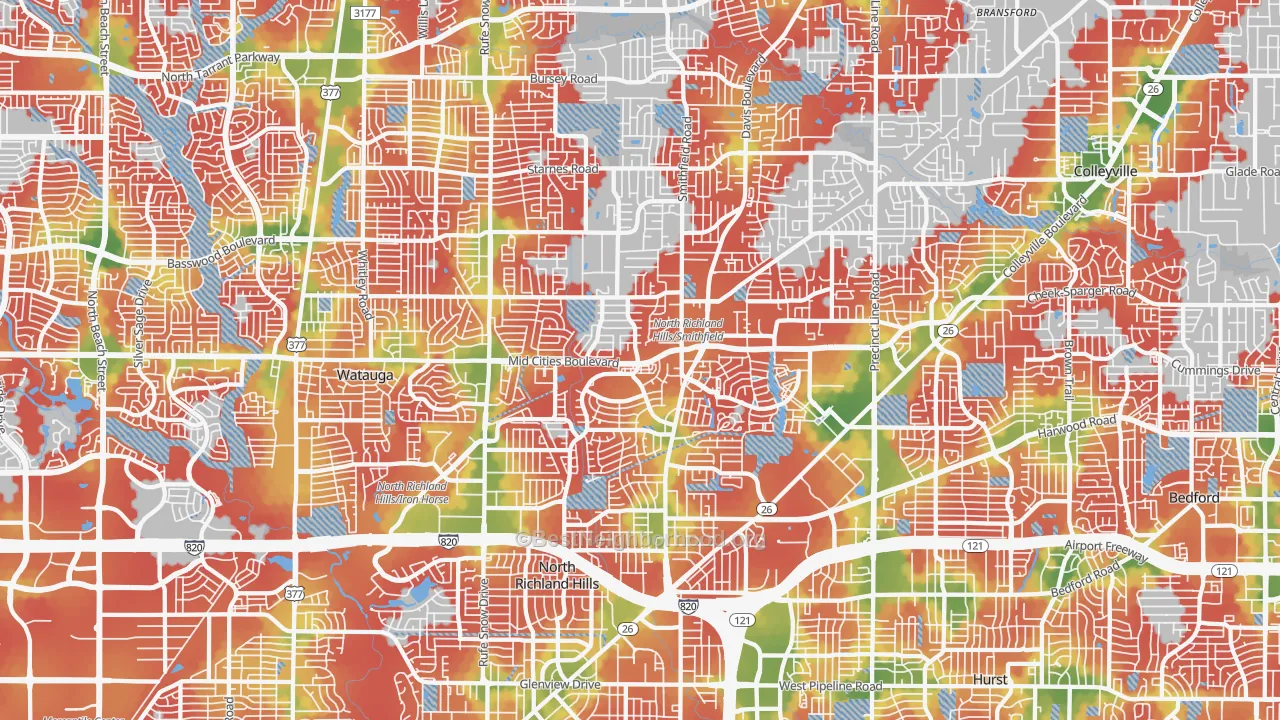 Walk Grade map of North Richland Hills, TX, walkable areas in green and car-dependent areas in red