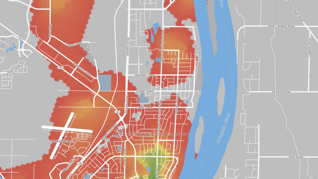 Walk Grade map of North Richland, Richland, WA, walkable areas in green and car-dependent areas in red