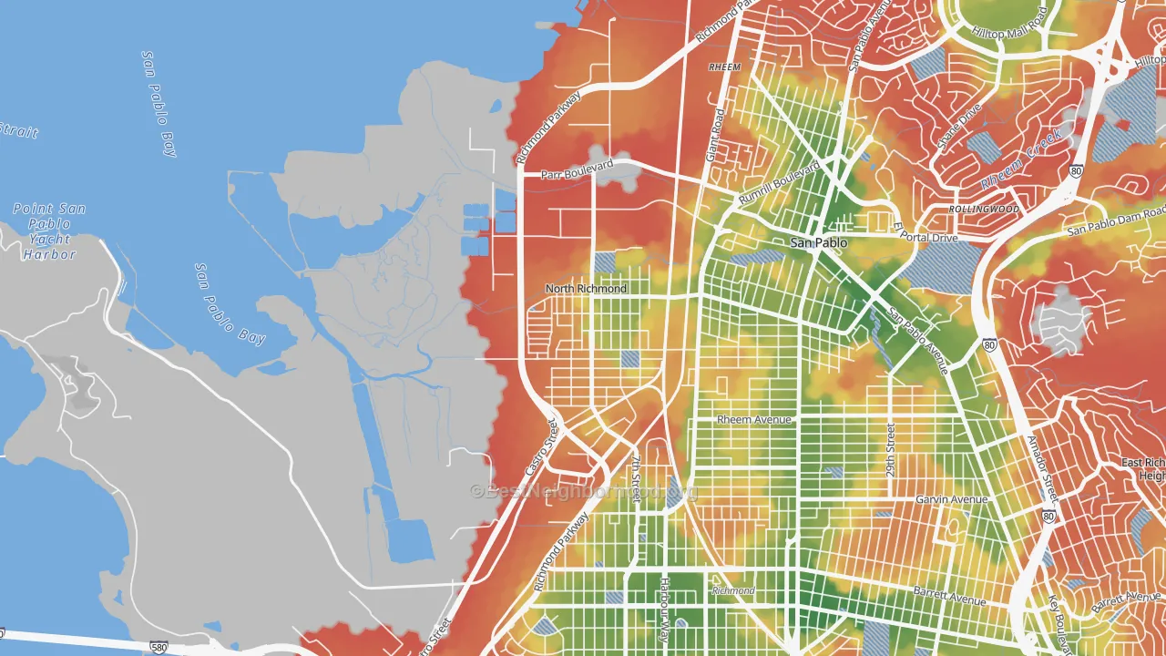 Walk Grade map of North Richmond, CA, walkable areas in green and car-dependent areas in red