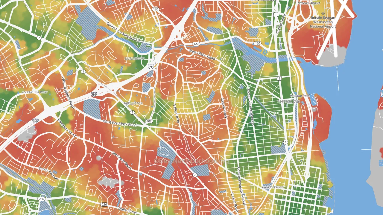 Walk Grade map of North Ridge Rosemont, Alexandria, VA, walkable areas in green and car-dependent areas in red