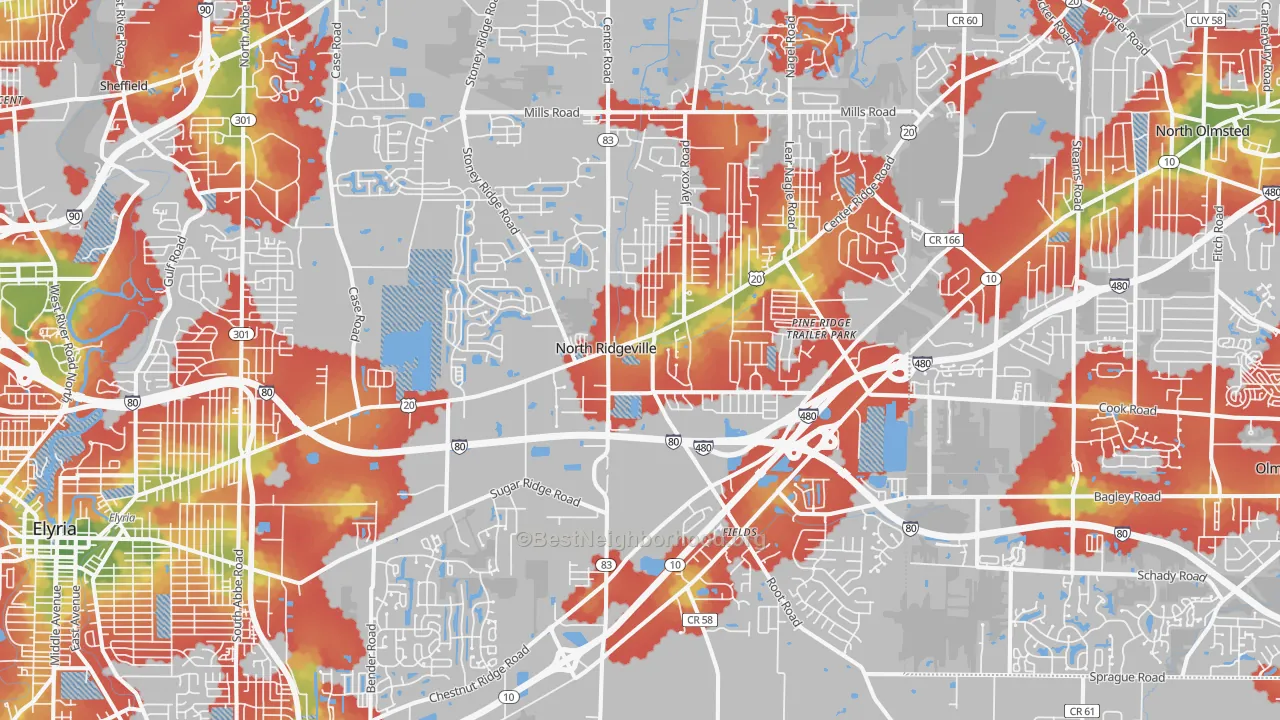 Walk Grade map of North Ridgeville, OH, walkable areas in green and car-dependent areas in red