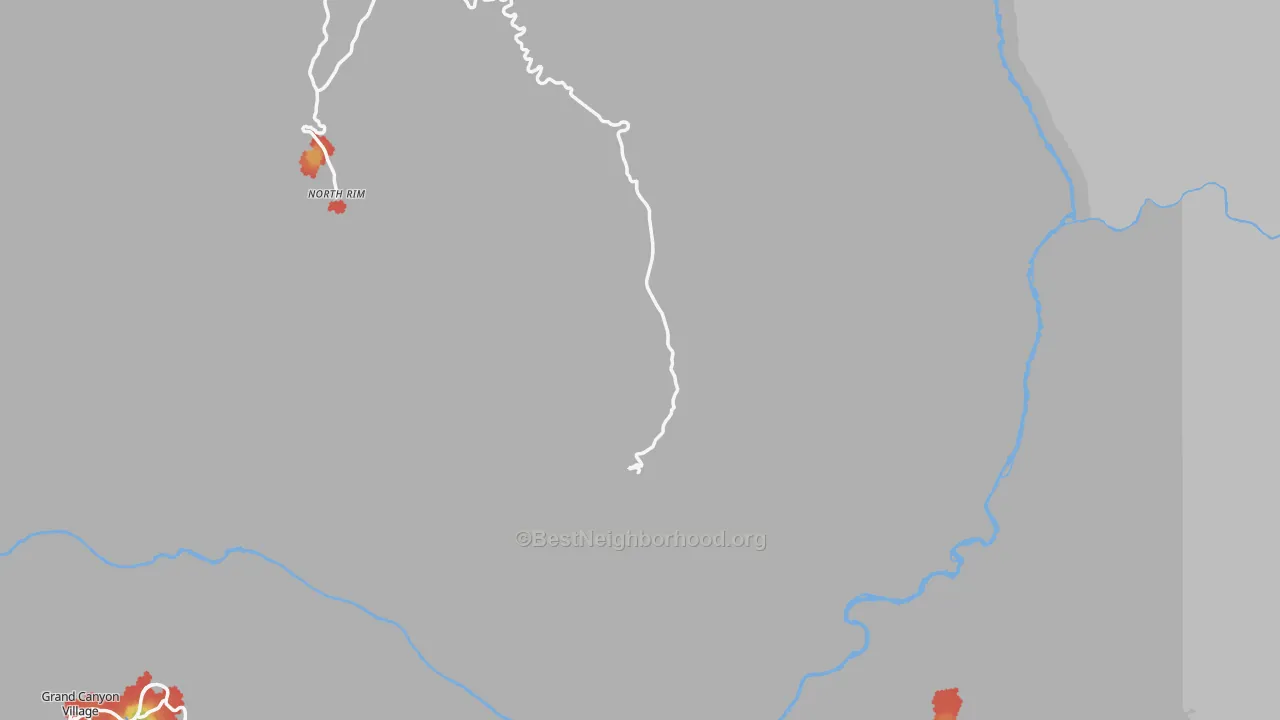 Walk Grade map of North Rim, AZ, walkable areas in green and car-dependent areas in red