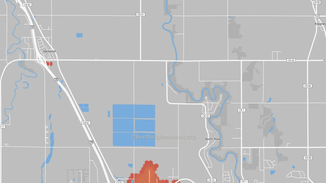 Walk Grade map of North River, ND, walkable areas in green and car-dependent areas in red