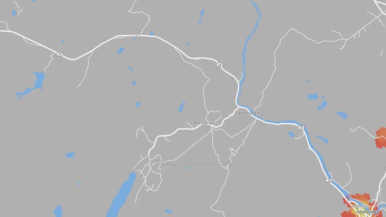 Walk Grade map of North River, NY, walkable areas in green and car-dependent areas in red