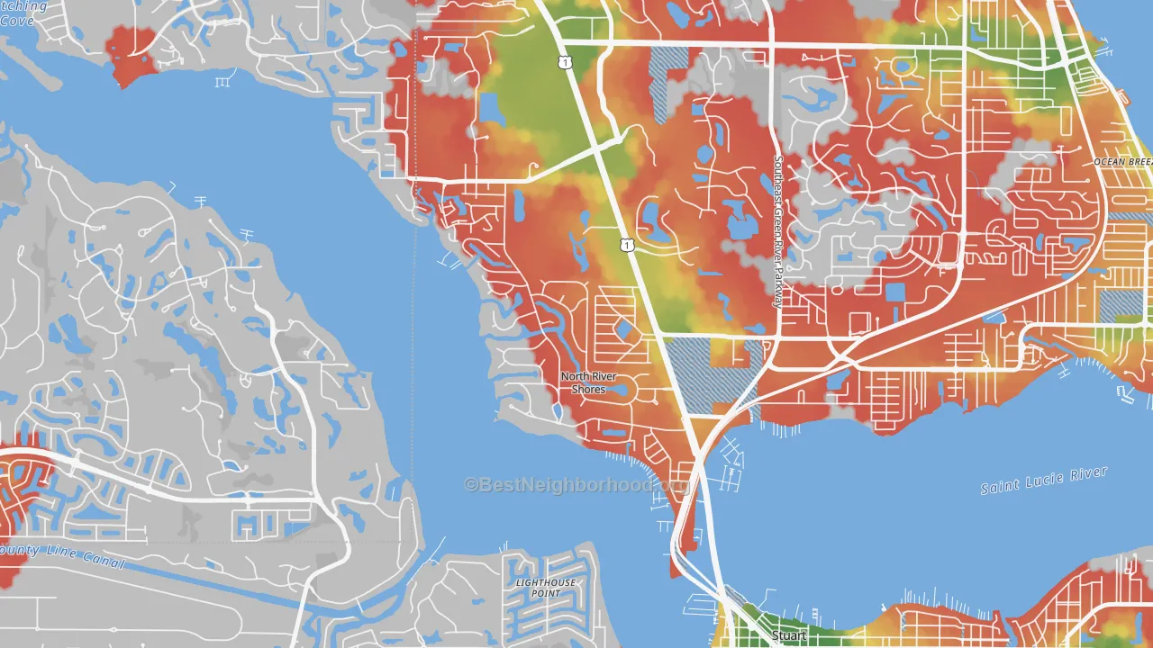 Walk Grade map of North River Shores, Stuart, FL, walkable areas in green and car-dependent areas in red