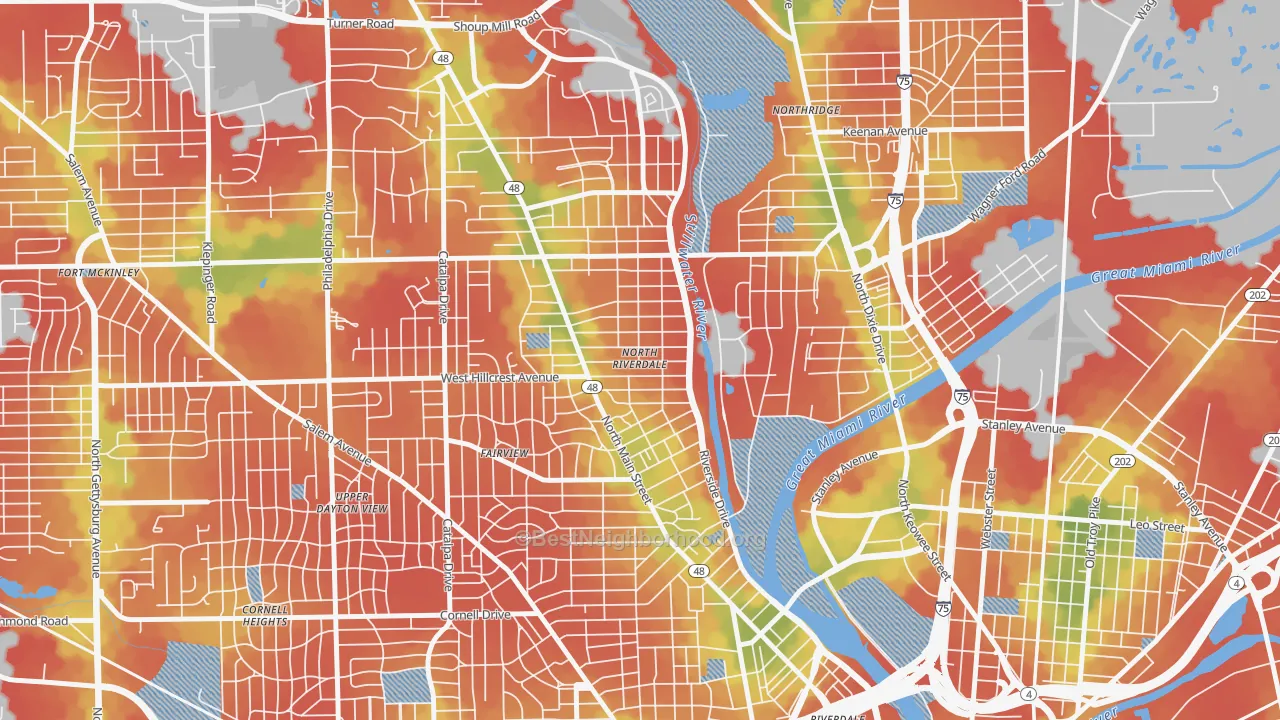 Walk Grade map of North Riverdale, Dayton, OH, walkable areas in green and car-dependent areas in red