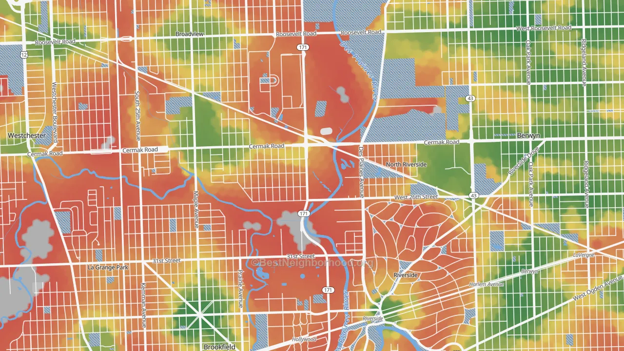 Walk Grade map of North Riverside, IL, walkable areas in green and car-dependent areas in red