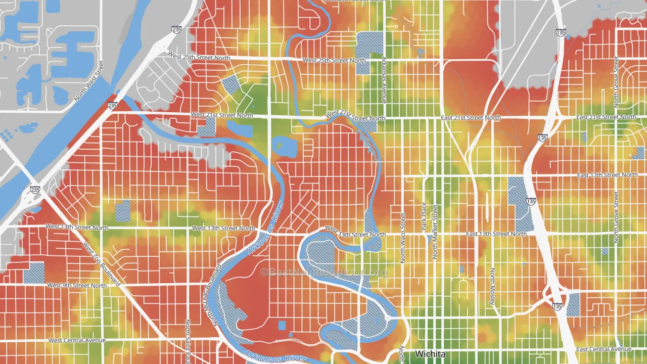 Walk Grade map of North Riverside, Wichita, KS, walkable areas in green and car-dependent areas in red