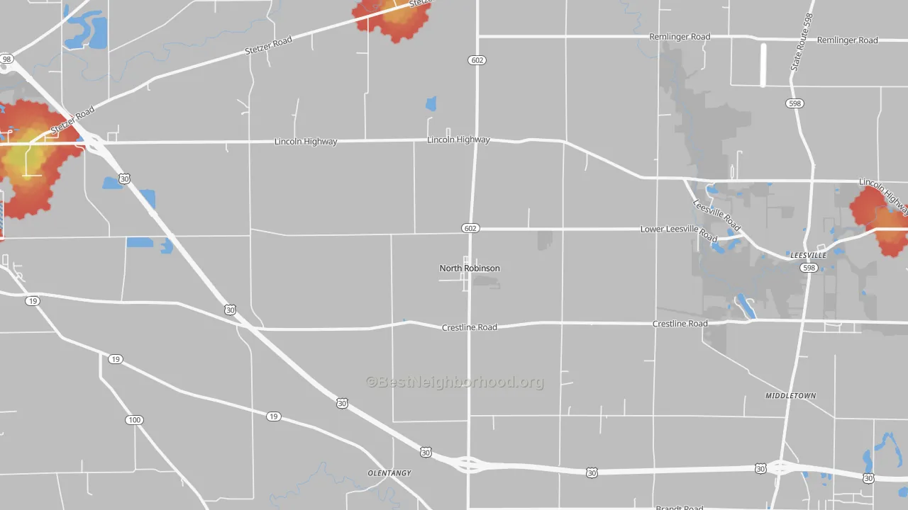 Walk Grade map of North Robinson, OH, walkable areas in green and car-dependent areas in red