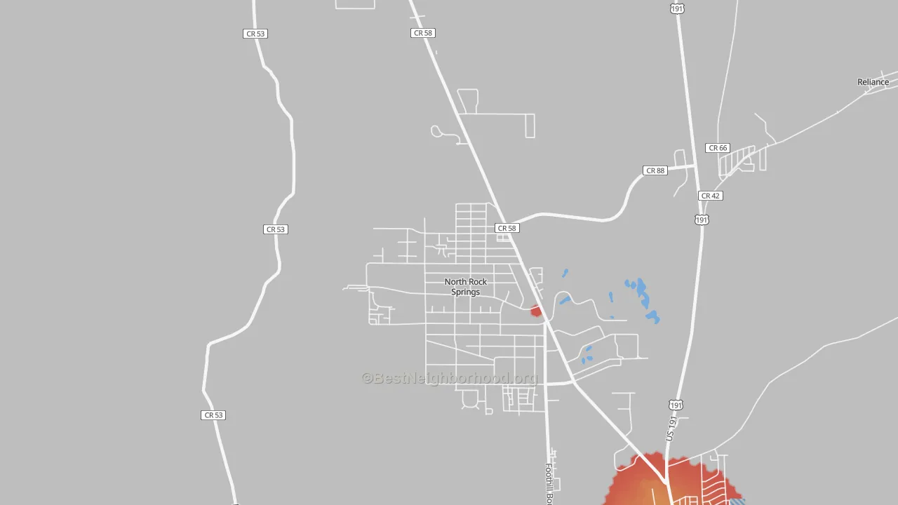 Walk Grade map of North Rock Springs, WY, walkable areas in green and car-dependent areas in red