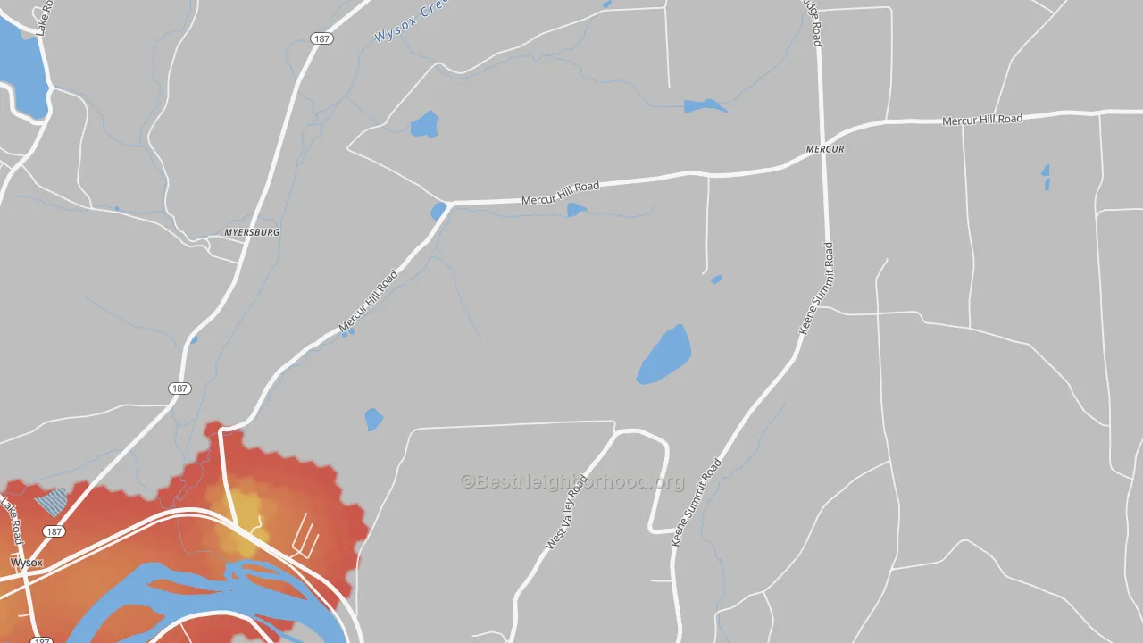 Walk Grade map of North Rome, PA, walkable areas in green and car-dependent areas in red