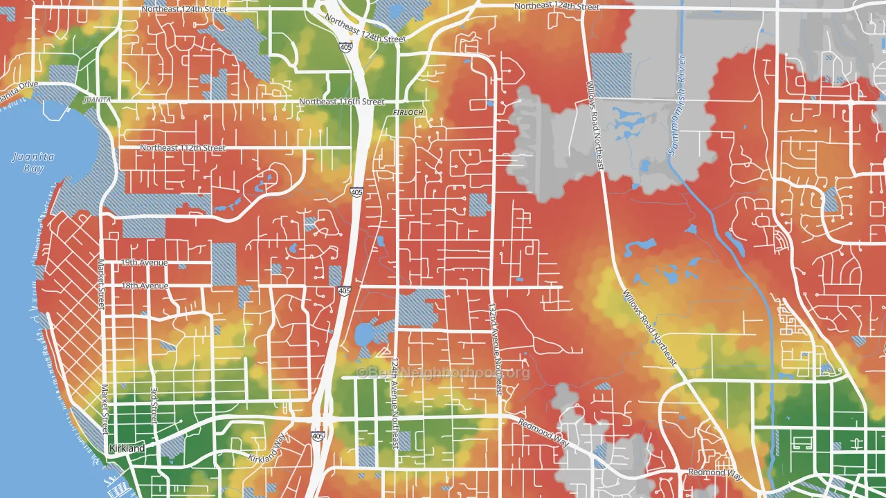 Walk Grade map of North Rose Hill, Kirkland, WA, walkable areas in green and car-dependent areas in red