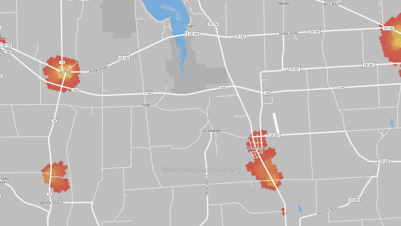 Walk Grade map of North Rose, NY, walkable areas in green and car-dependent areas in red