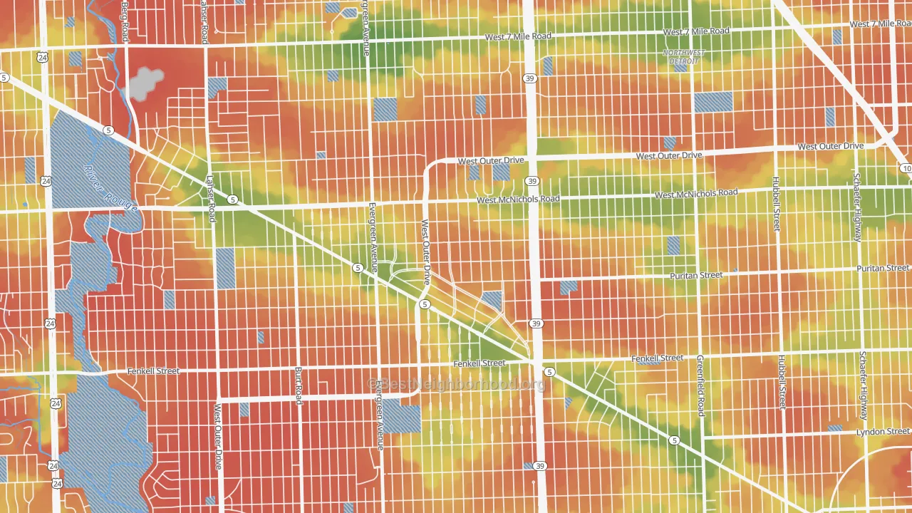 Walk Grade map of North Rosedale Park, Detroit, MI, walkable areas in green and car-dependent areas in red