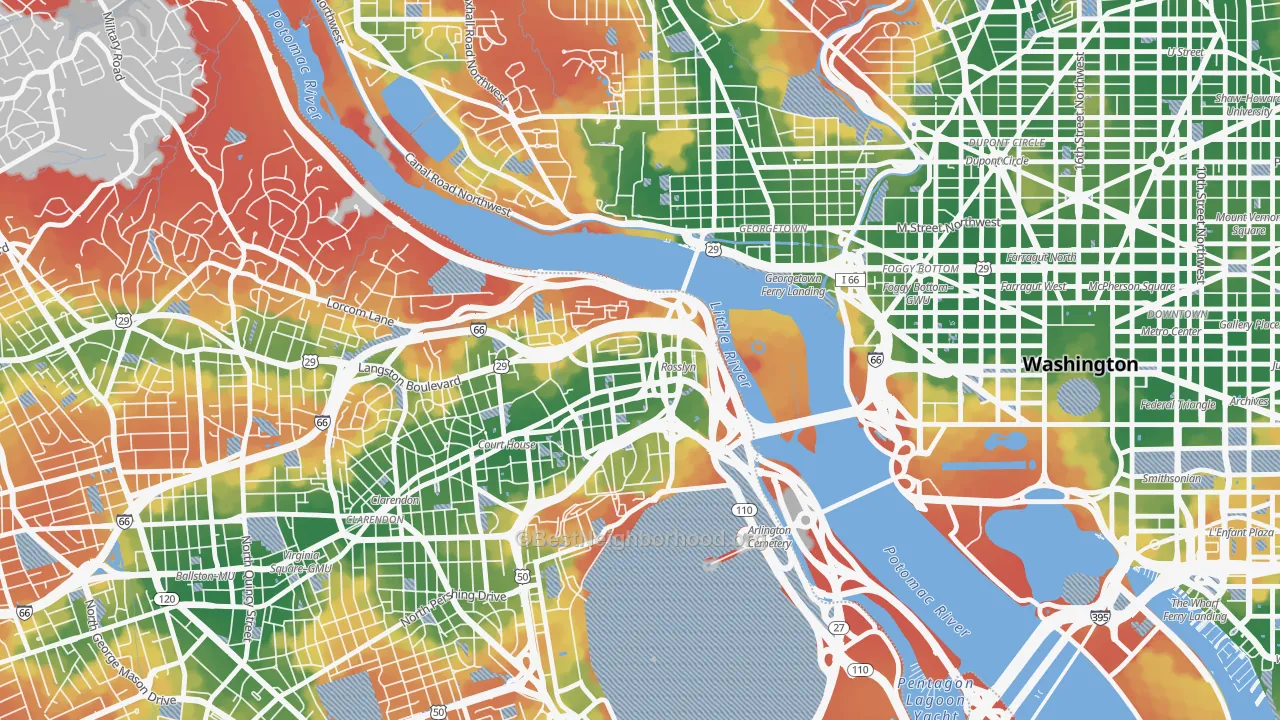 Walk Grade map of North Rosslyn, Arlington, VA, walkable areas in green and car-dependent areas in red