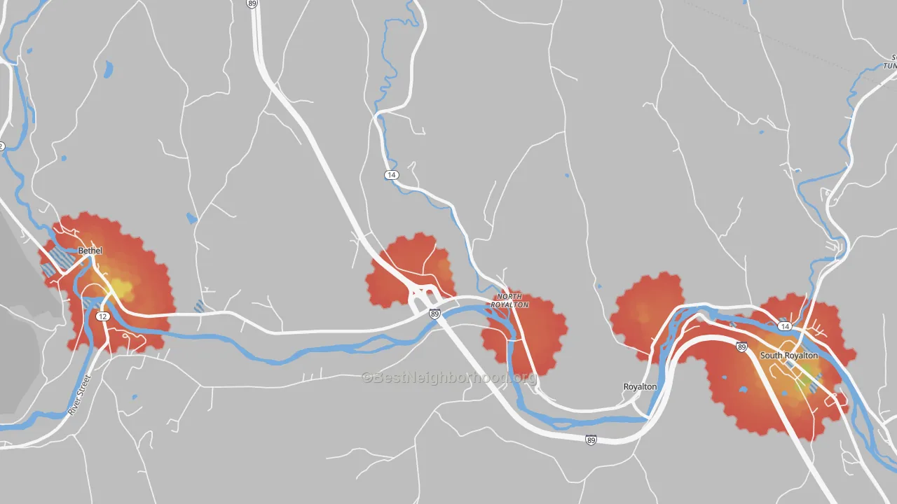 Walk Grade map of North Royalton, VT, walkable areas in green and car-dependent areas in red