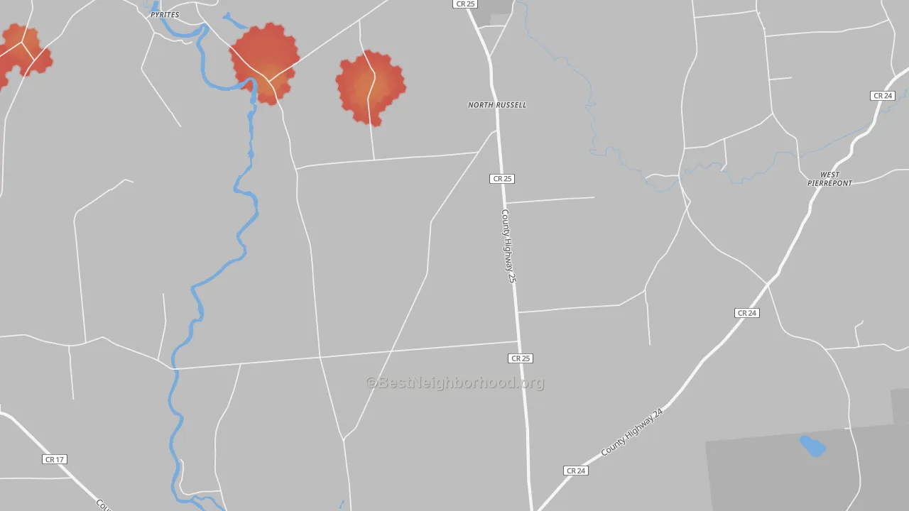 Walk Grade map of North Russell, NY, walkable areas in green and car-dependent areas in red