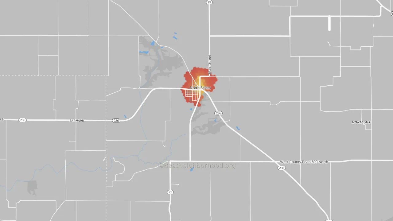 Walk Grade map of North Salem, IN, walkable areas in green and car-dependent areas in red