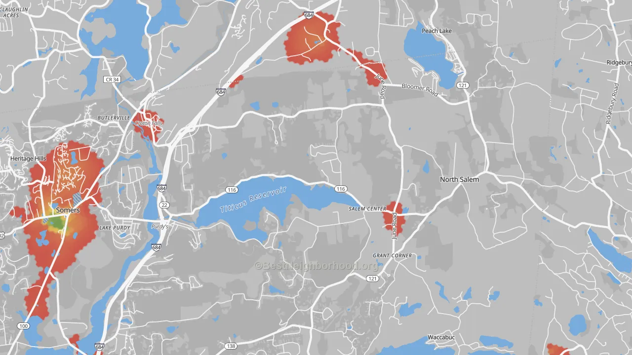 Walk Grade map of North Salem, NY, walkable areas in green and car-dependent areas in red