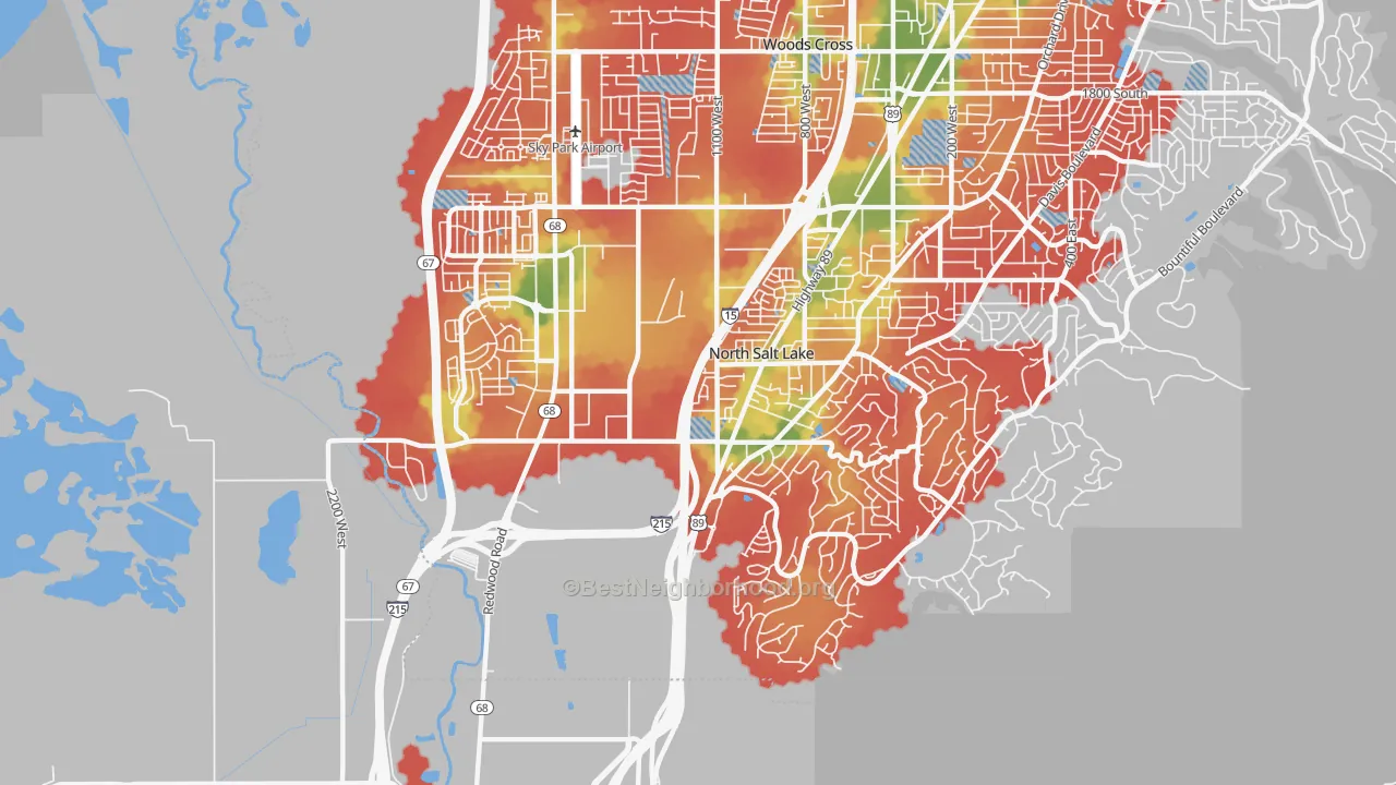 Walk Grade map of North Salt Lake, UT, walkable areas in green and car-dependent areas in red