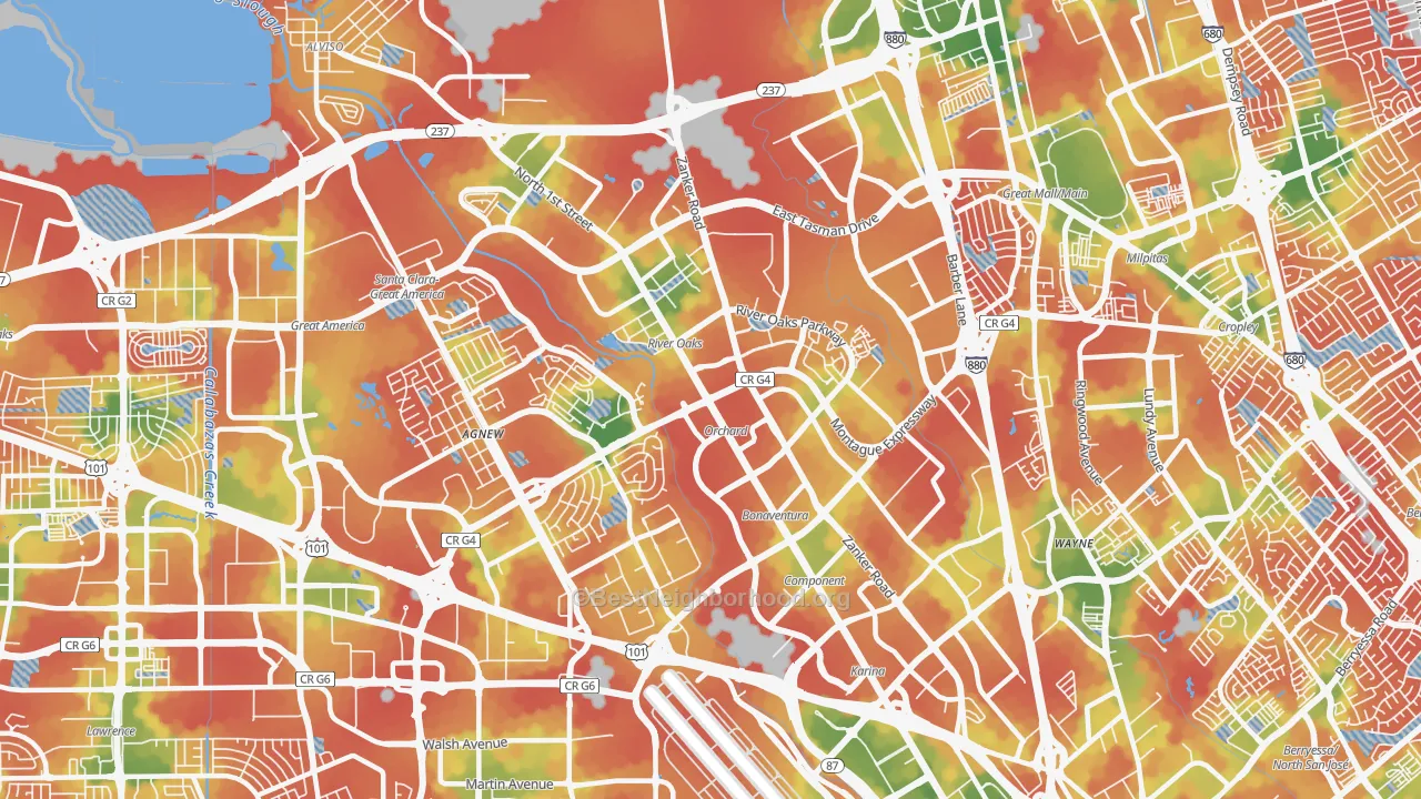 Walk Grade map of North San Jose, San Jose, CA, walkable areas in green and car-dependent areas in red