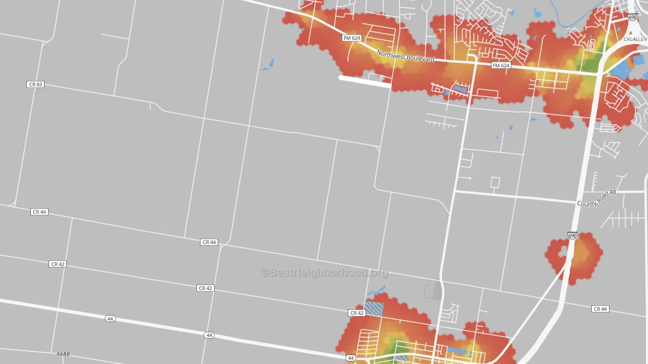 Walk Grade map of North San Pedro, TX, walkable areas in green and car-dependent areas in red
