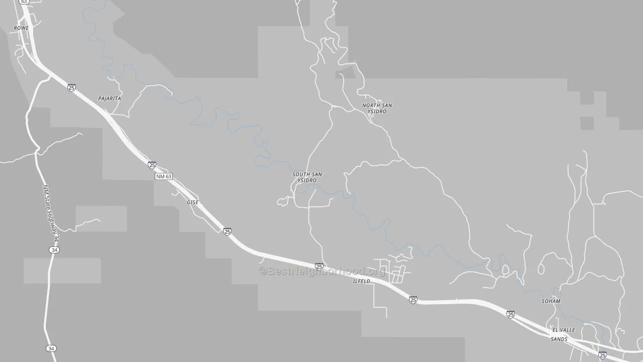 Walk Grade map of North San Ysidro, NM, walkable areas in green and car-dependent areas in red