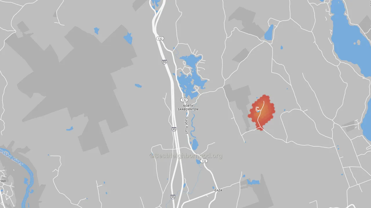 Walk Grade map of North Sanbornton, NH, walkable areas in green and car-dependent areas in red