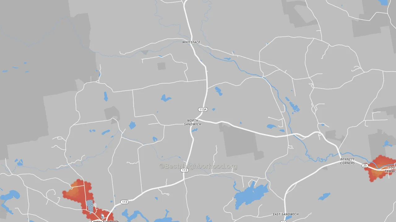 Walk Grade map of North Sandwich, NH, walkable areas in green and car-dependent areas in red