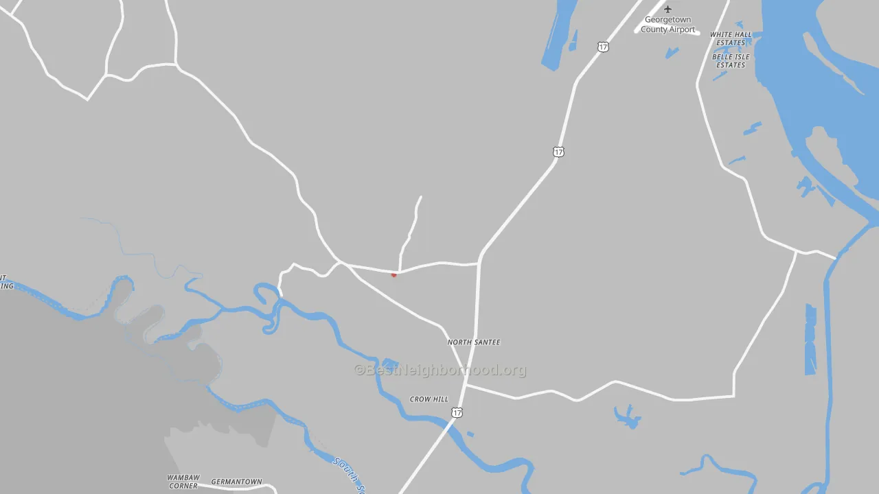 Walk Grade map of North Santee, SC, walkable areas in green and car-dependent areas in red