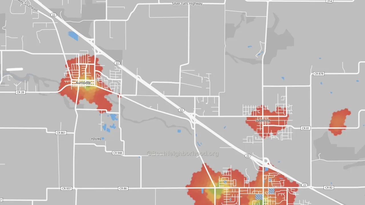 Walk Grade map of North Santiam, OR, walkable areas in green and car-dependent areas in red