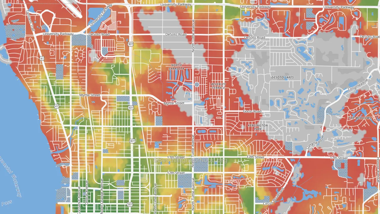 Walk Grade map of North Sarasota, FL, walkable areas in green and car-dependent areas in red