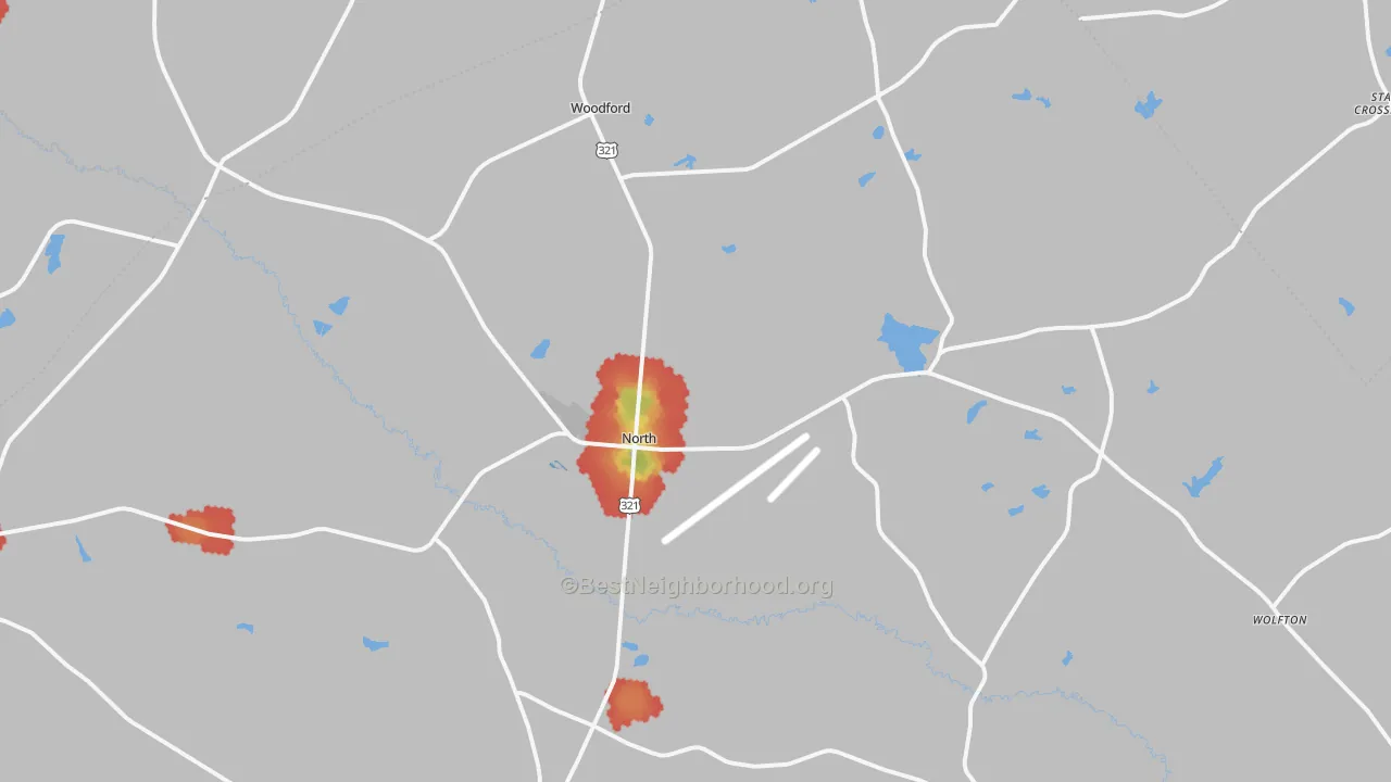 Walk Grade map of North, SC, walkable areas in green and car-dependent areas in red