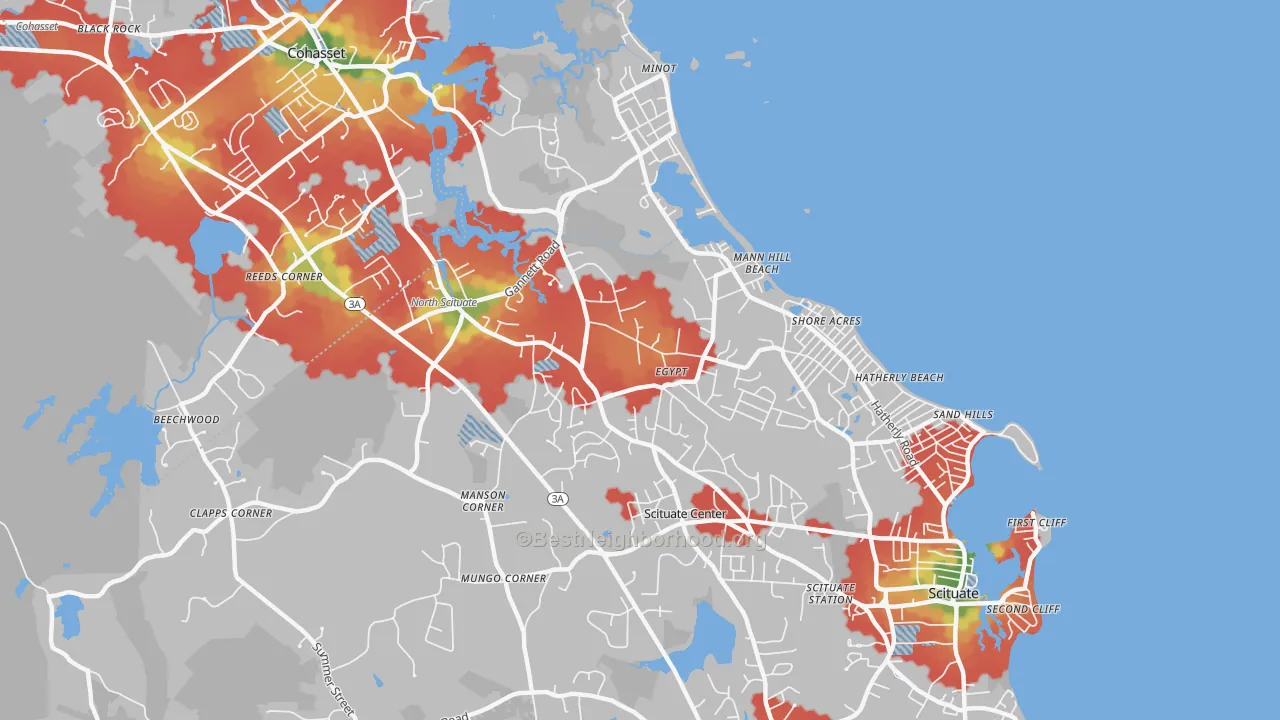 Walk Grade map of North Scituate, MA, walkable areas in green and car-dependent areas in red