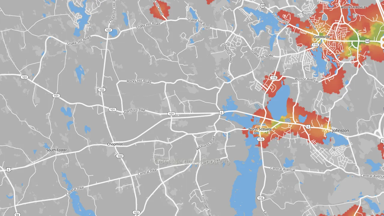 Walk Grade map of North Scituate, RI, walkable areas in green and car-dependent areas in red